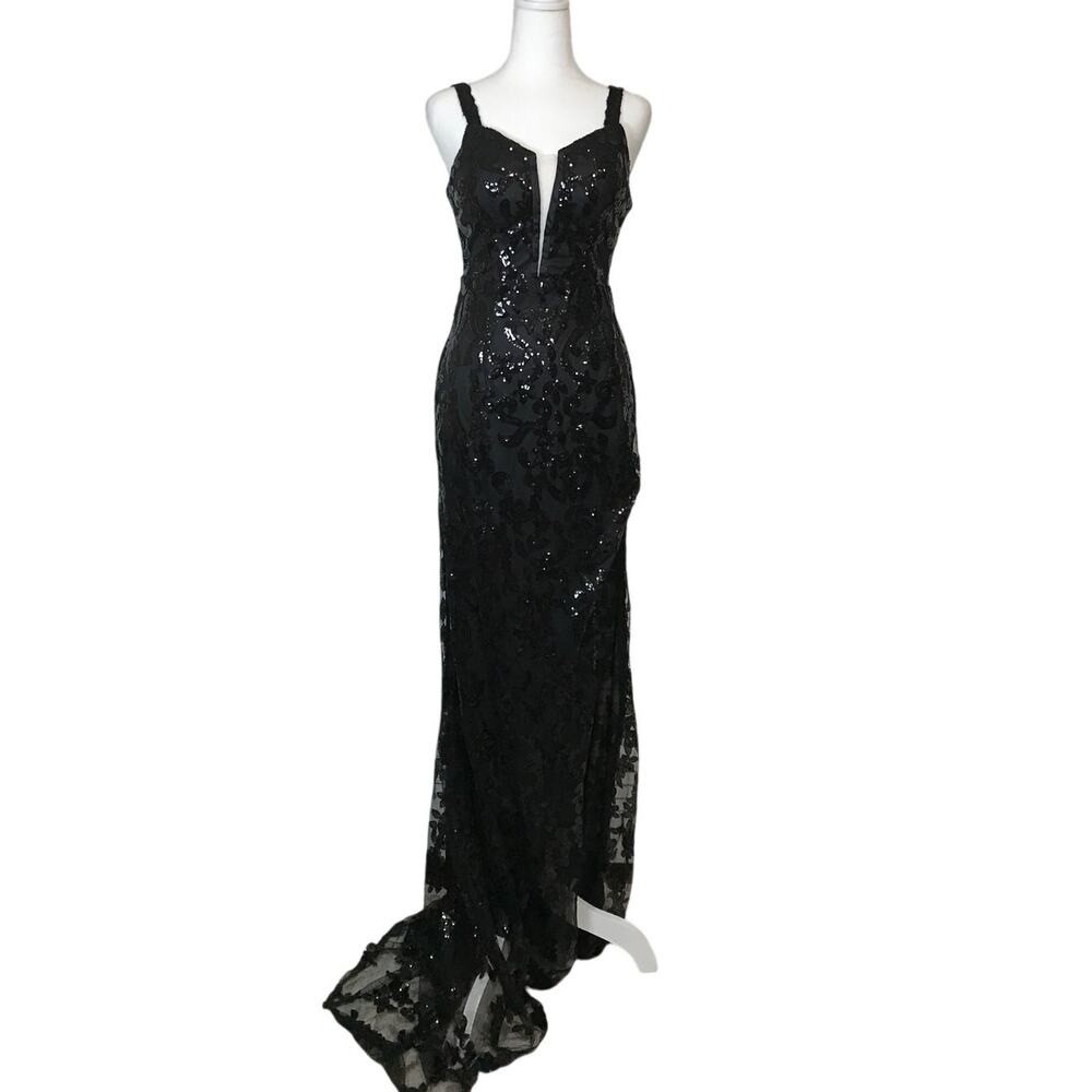 Black Sequins Lace Formal V-neck Women Long Bodycon Mermaid Dress 4
